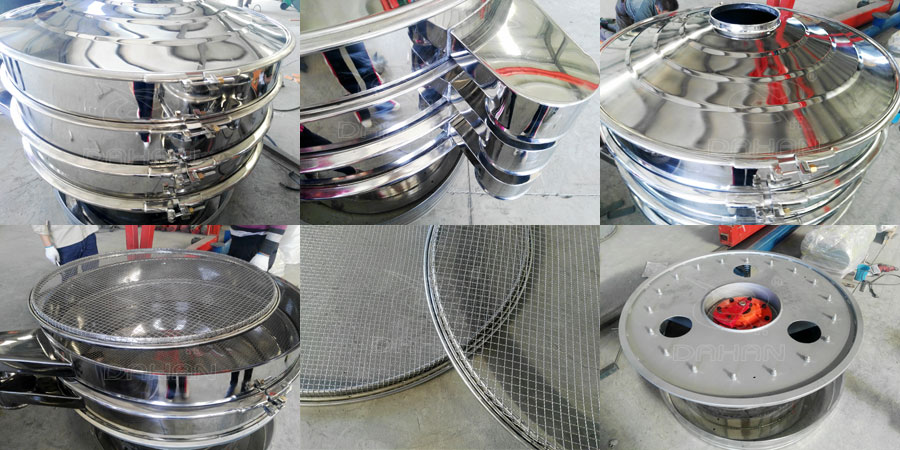 藕粉振動篩細節:鎖緊扣,出料口,防塵蓋,篩網,振動底座。