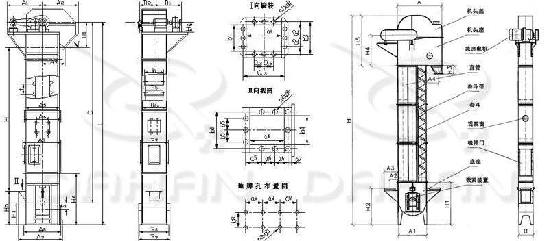 TD/D型斗式提升機基本結構:機頭蓋,機頭座,減速電機,直管,底座,緊張裝置等。