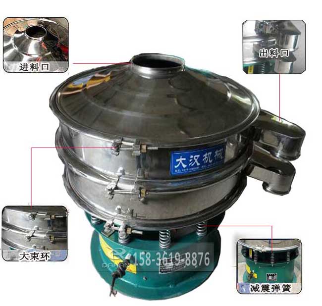 粗砂糖振動篩結構:進料口,出料口,大束環(huán),減震彈簧、