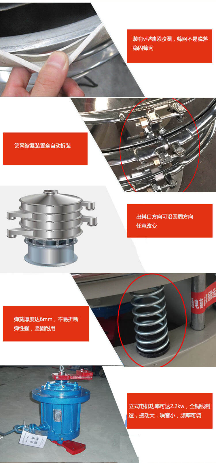 裝有V型鎖緊膠圈,使篩網(wǎng)不易脫落穩(wěn)固篩網(wǎng),篩網(wǎng)鎖緊裝置,全自動(dòng)拆裝,出料口方向可沿圓周方向任意改變。彈簧厚度達(dá)6mm,不易折斷,彈性強(qiáng),堅(jiān)固耐用。專業(yè)的振動(dòng)電機(jī),全銅線制造,振動(dòng)大,機(jī)械噪音小,頻率可調(diào)。產(chǎn)品對(duì)比:材質(zhì):大漢振動(dòng)篩廠家采用304不銹鋼材質(zhì)耐腐蝕性,耐熱性強(qiáng)。個(gè)別廠家采用其它金屬材質(zhì),耐腐蝕性,耐熱性差蒸發(fā)緩慢,烘干效率較低。大漢振動(dòng)篩廠家采用金屬編織網(wǎng),篩分精度高,效率高,篩網(wǎng)利用率高。