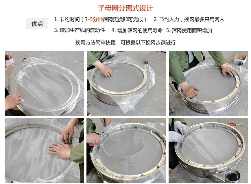 大漢振動(dòng)機(jī)械換網(wǎng)優(yōu)勢(shì):1,節(jié)省時(shí)間(3-5分鐘篩網(wǎng)更換即可完成)2,節(jié)省人力,換網(wǎng)只有兩人。3.增加生產(chǎn)線的流暢性。4.增加篩網(wǎng)壽命,彈跳球不直接撞擊子網(wǎng)。5.篩網(wǎng)使用面積增加。