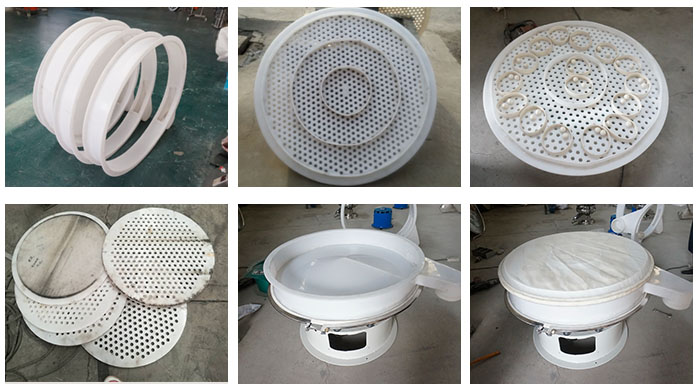 塑料防腐旋振篩配件:振動篩底座,篩框,防塵蓋,篩網(wǎng),振動電機座。