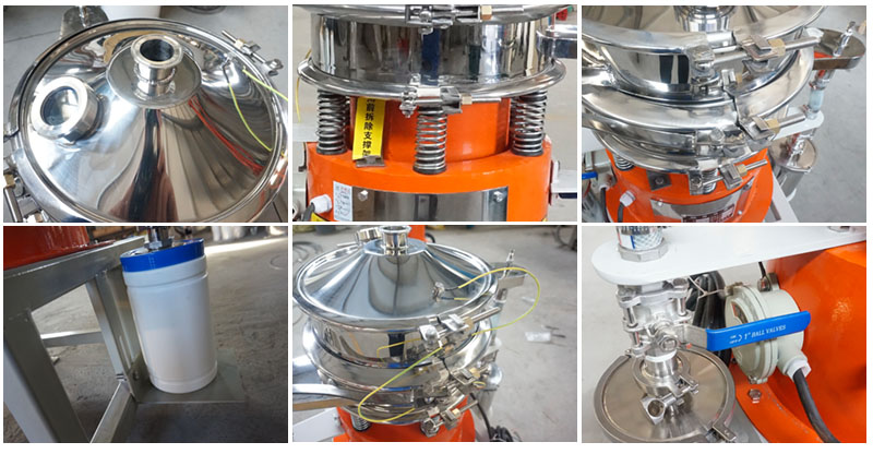 氣體保護超聲波振動篩細節：控制閥，料罐，篩網。