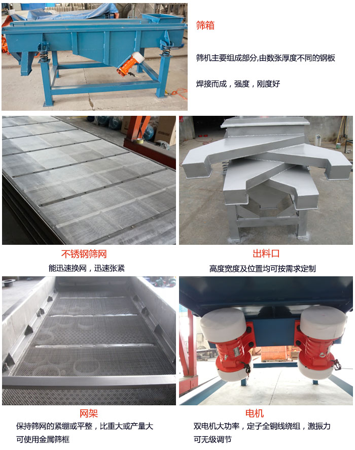 520型直線振動(dòng)篩結(jié)構(gòu):篩箱:篩機(jī)主要組成部分,由數(shù)張厚度不同的鋼板焊制而成,強(qiáng)度,剛度好。不銹鋼篩網(wǎng):能迅速換網(wǎng),迅速?gòu)埦o。電機(jī):雙電機(jī)大功率,定子全銅線繞組,激振力可無(wú)極調(diào)節(jié)。網(wǎng)架:保持篩網(wǎng)的緊繃和平整,比重大或產(chǎn)量大時(shí)可使用金屬篩框。出料口:高度寬度及位置均可按照用戶的要求來(lái)定制。