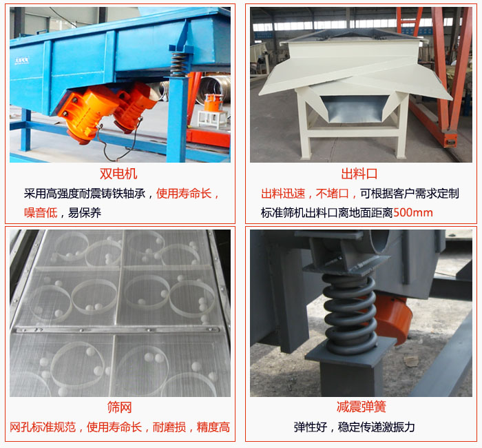 1030直線振動篩雙電機采用高強度耐震鑄鐵軸承使用壽命長、噪音低,易保養;出料口排料迅速,不堵口,可根據客戶需求定制,標準機器出料口離地面距離500mm;篩網網孔標準規范、使用壽命長,耐磨損、精度高;減震彈簧:彈性好,穩定傳遞激振力。