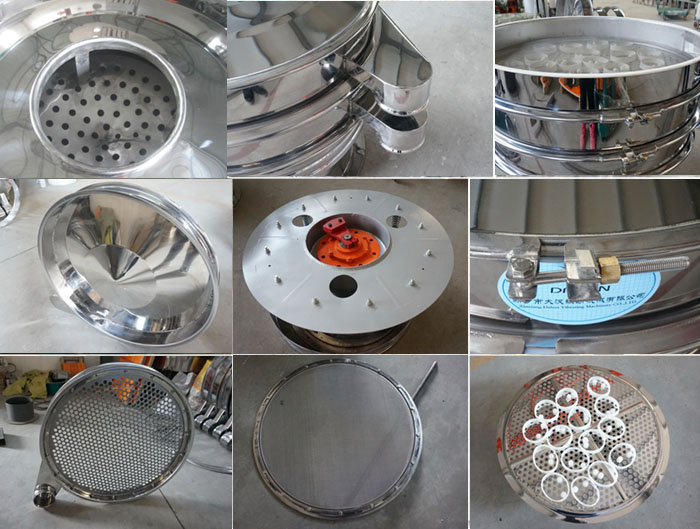 里外剖光振動篩細節:防塵蓋拋光效果,篩框拋光效果,振動篩底座拋光效果,振動篩網架拋光效果等。