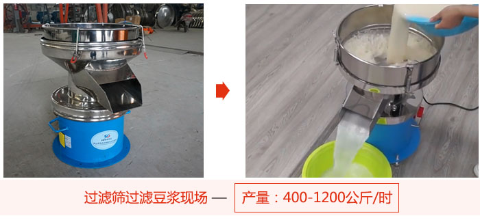 過濾篩過濾豆漿現場,產量高達1200公斤每小時。