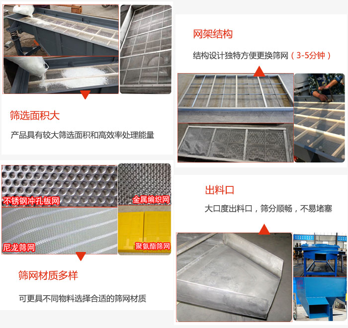 多層直線振動(dòng)篩篩選面積大,網(wǎng)架結(jié)構(gòu)方便篩網(wǎng)更換,篩網(wǎng)可選:不銹鋼沖孔板,金屬編織,尼龍篩網(wǎng),聚氨酯篩網(wǎng)等。