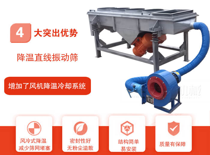 降溫直線(xiàn)振動(dòng)篩性能特點(diǎn)：1，技術(shù)成熟，質(zhì)量可靠，篩分精度高，處理量大。2，風(fēng)冷式降溫系統(tǒng)設(shè)計(jì)，快速有效降溫。3，適用范圍廣，可應(yīng)用于各種需要降溫的物料。4，設(shè)計(jì)精巧合理，結(jié)構(gòu)簡(jiǎn)單，易安裝，耗能少，噪音低5，篩網(wǎng)使用壽命長(zhǎng)，換網(wǎng)更方便，快捷6，設(shè)備整體密封性好，無(wú)粉塵溢散。