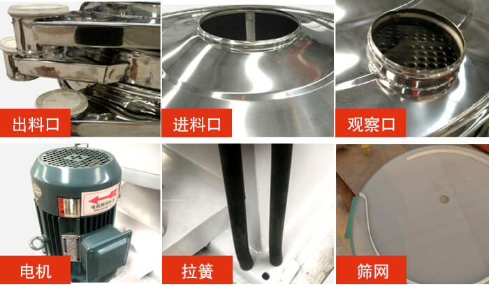 搖擺篩細節展示：出料口，進料口，觀察口，電機，拉簧，篩網等。