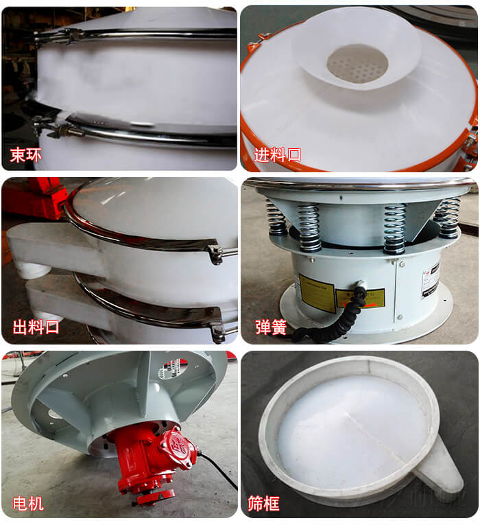 塑料防腐蝕振動(dòng)篩細(xì)節(jié):進(jìn)料口,框體,網(wǎng)架底框,出料口等。