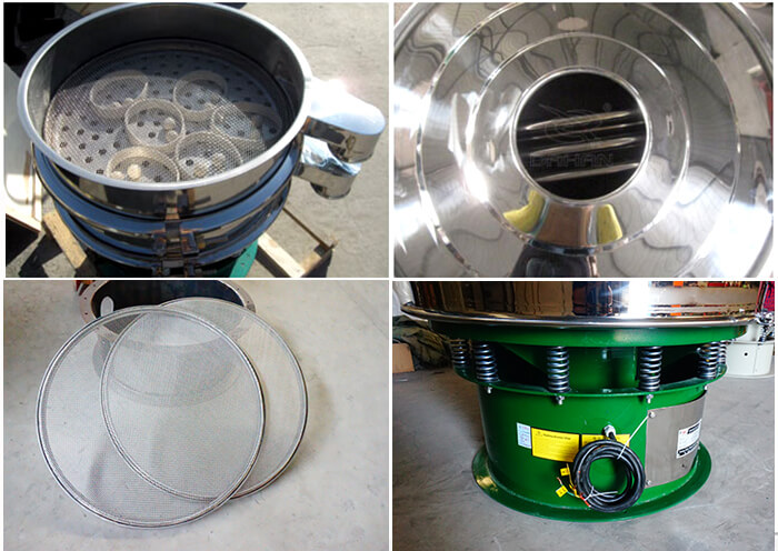 單層振動篩細節(jié):篩網(wǎng),進料口,振動彈簧,彈跳球。