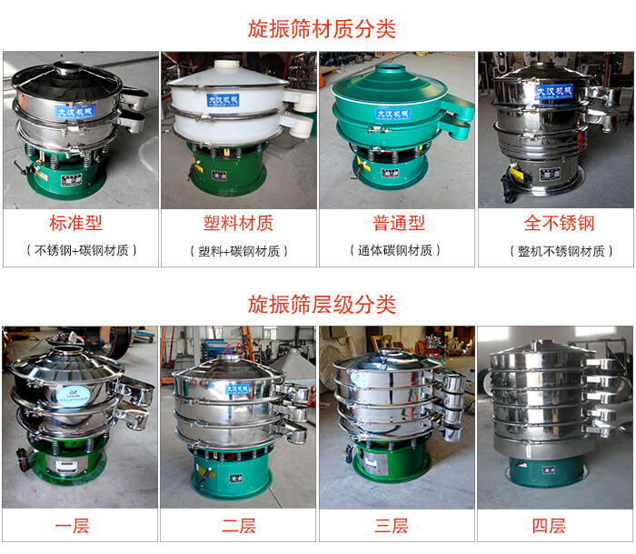 旋振篩材質分類：塑料，全不銹鋼等旋振篩層級分類：一層，兩層，三層，四層等。